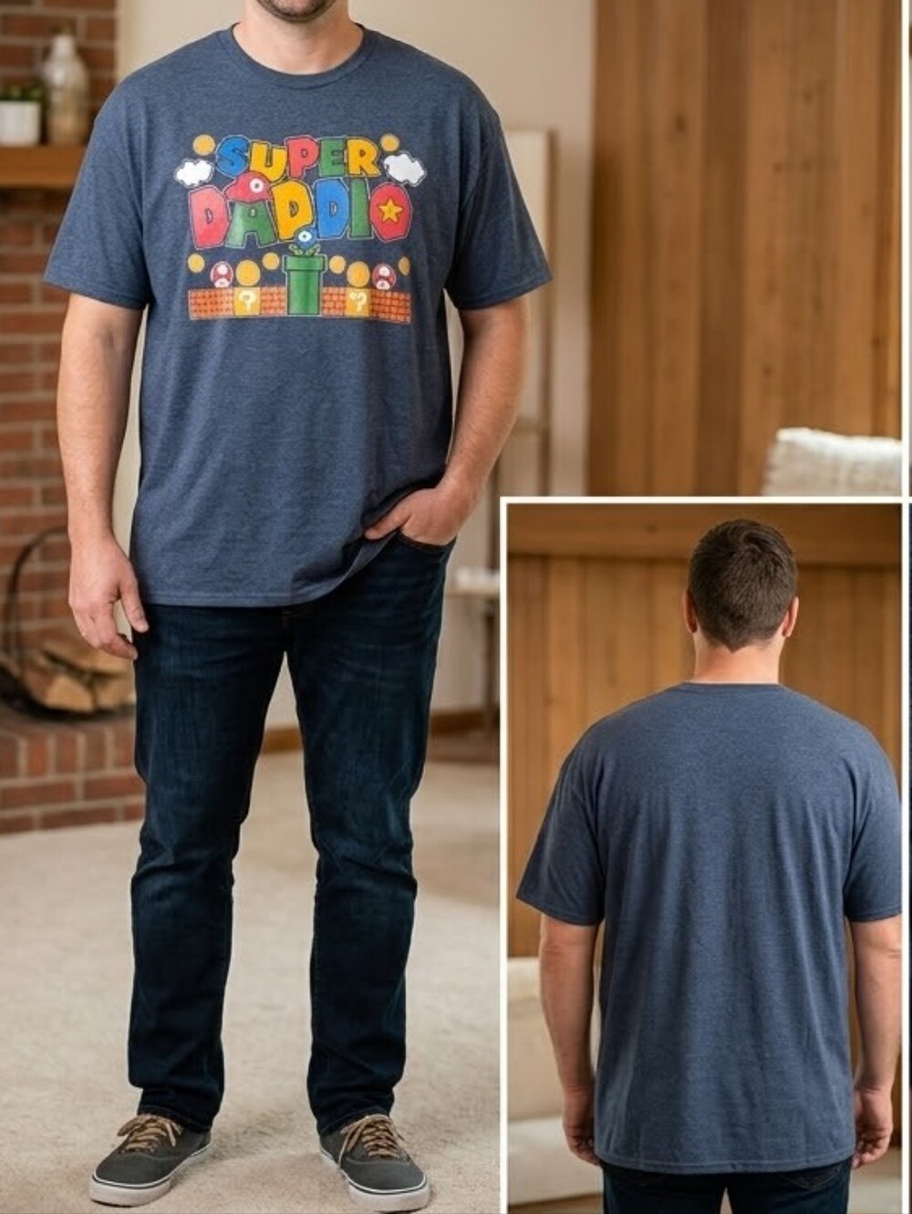 Gildan "Super Daddio" Graphic T-Shirt Dark Grey Heather XL Gaming Tee y2K Retro